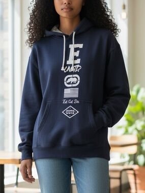 Ecko Unlimited Navy Pullover Hoodie with White Graphic Logo